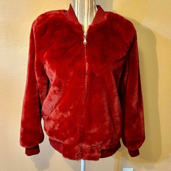 Say What? Jackets & Blazers - NEW Say What? Jacket Medium Faux Fur Maroon Red Teddy Bomber Jacket Cozy NWOT